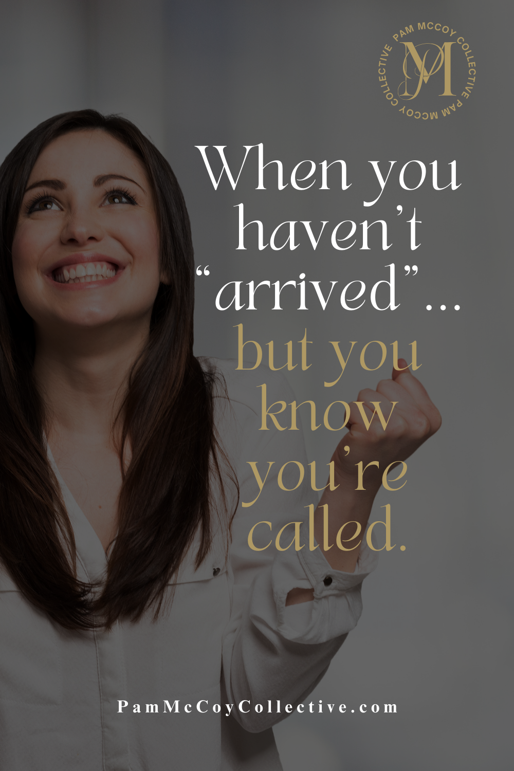 Woman in midlife smiling and looking up toward the sky with her fist raised in celebration, symbolizing faith, purpose, and answering a calling during a new chapter of midlife.