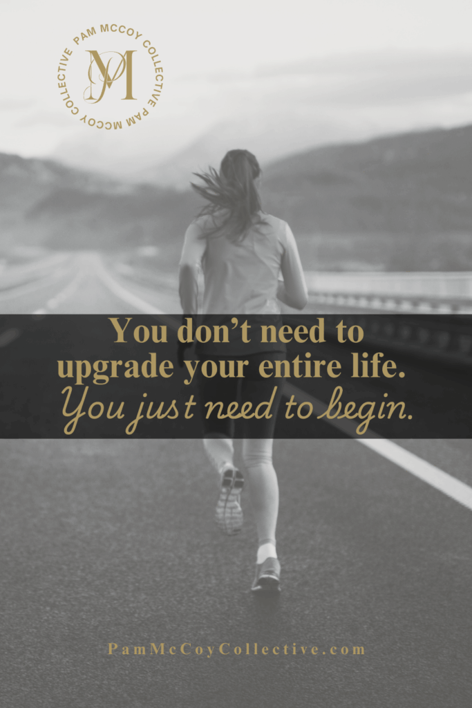 Midlife woman running on a long open road, representing wellness, momentum, and taking the first small step toward a new chapter.