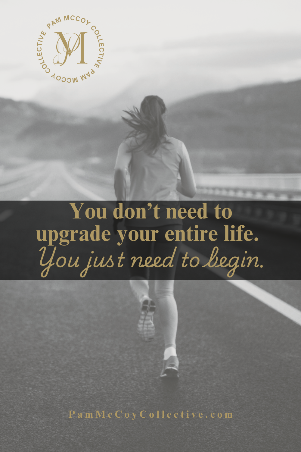 Midlife woman running on a long open road, representing wellness, momentum, and taking the first small step toward a new chapter.